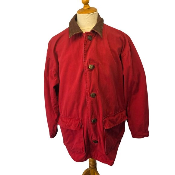 Marlboro Red Canvas Barn Coat Jacket Sz M Leather Detail Brass Buttons - Picture 2 of 13
